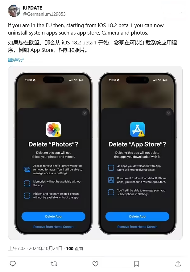 铜鼓苹果手机维修分享iOS 18.2 支持删除 App Store 应用商店 